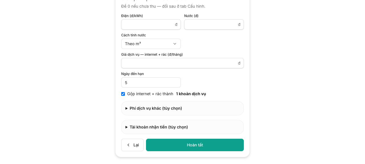 Cấu hình giá dịch vụ: điện theo kWh, nước theo m³, internet