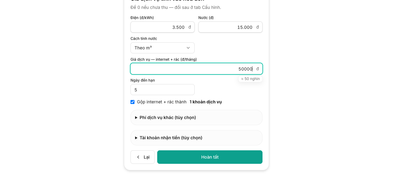 Form giá dịch vụ đã điền đầy đủ giá điện, nước, internet