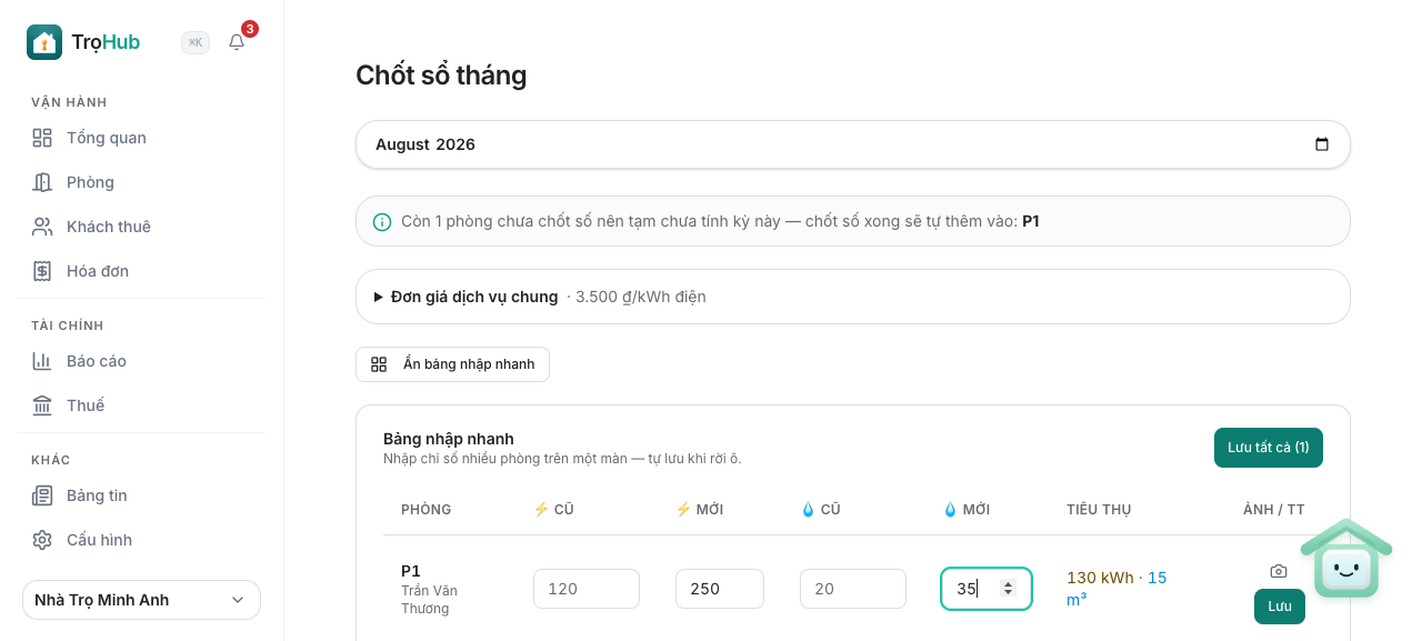 Nhập chỉ số điện nước mới cho phòng, hệ thống tự tính tiêu thụ và tổng tiền
