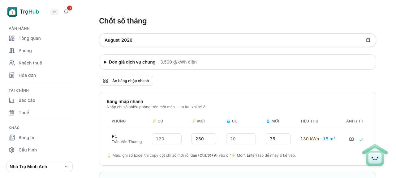 Phòng đã được chốt số, nút Sinh & gửi hóa đơn đã sẵn sàng