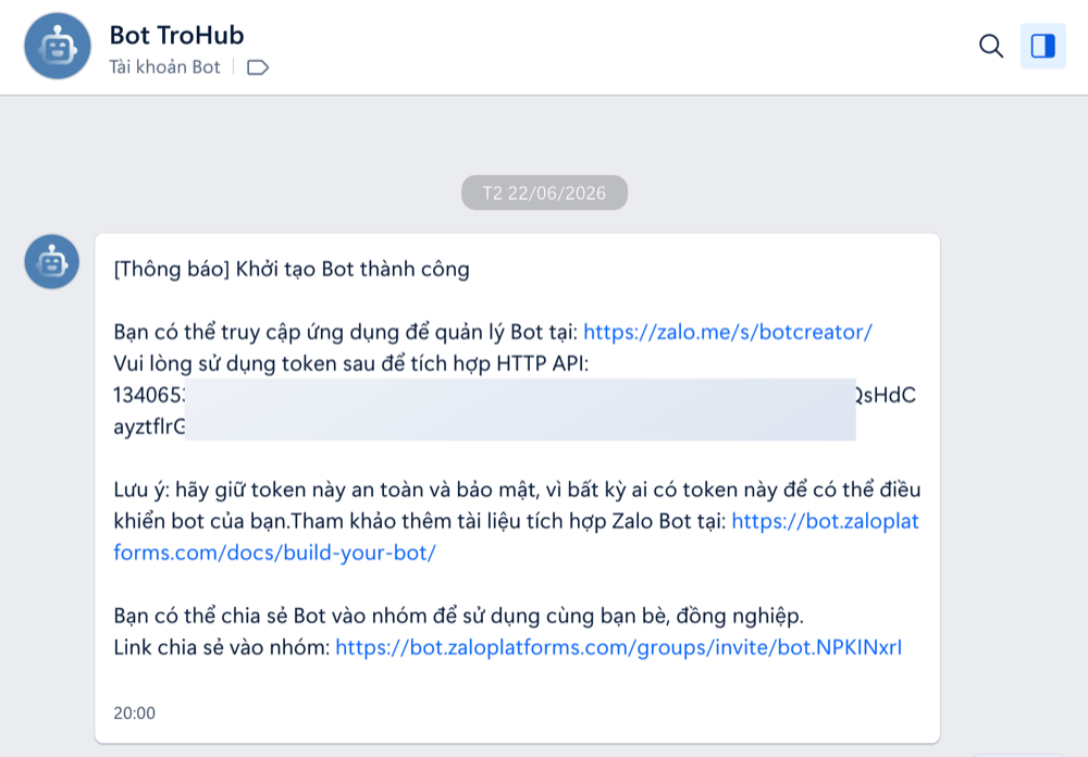 Tin nhắn Zalo gửi token sau khi tạo bot thành công