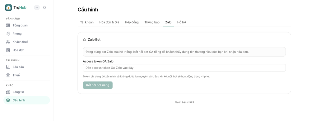 Dán access token và kết nối bot riêng trong Cấu hình Zalo