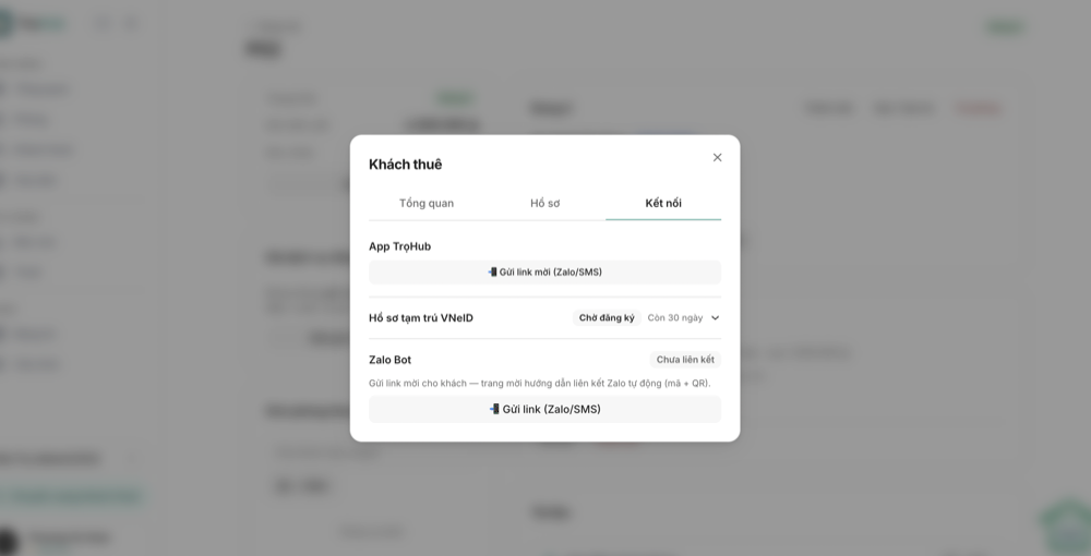 Mục Zalo Bot trong tab Kết nối của khách thuê