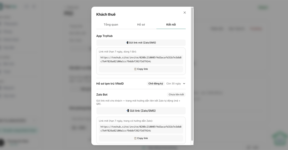 Sao chép link mời để gửi cho khách