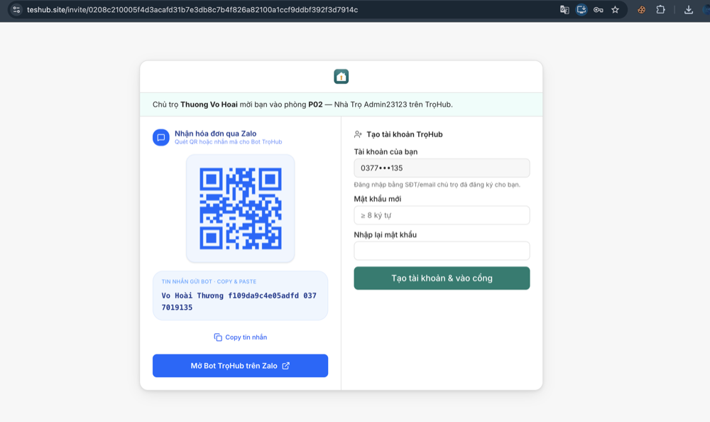 Trang mời với mã QR và nút mở bot Zalo