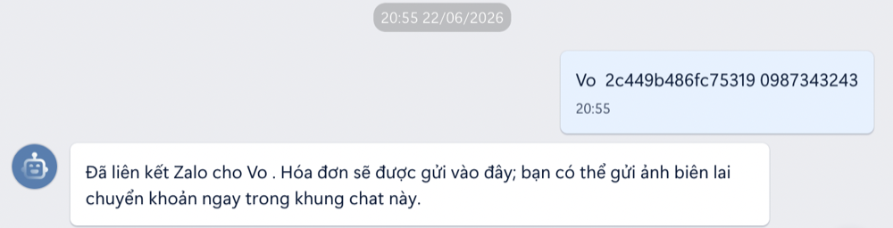 Khách gửi mã, bot xác nhận đã liên kết