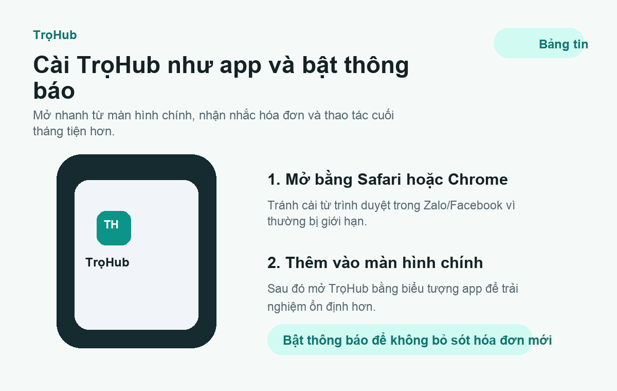 Cài TrọHub như app và bật thông báo hóa đơn