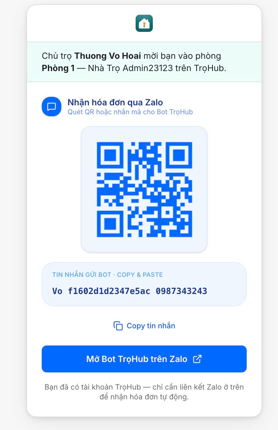 Trang mời khách sau khi cấu hình đúng, hiển thị tên bot và tên nhà trọ riêng để khách nhận hóa đơn qua Zalo