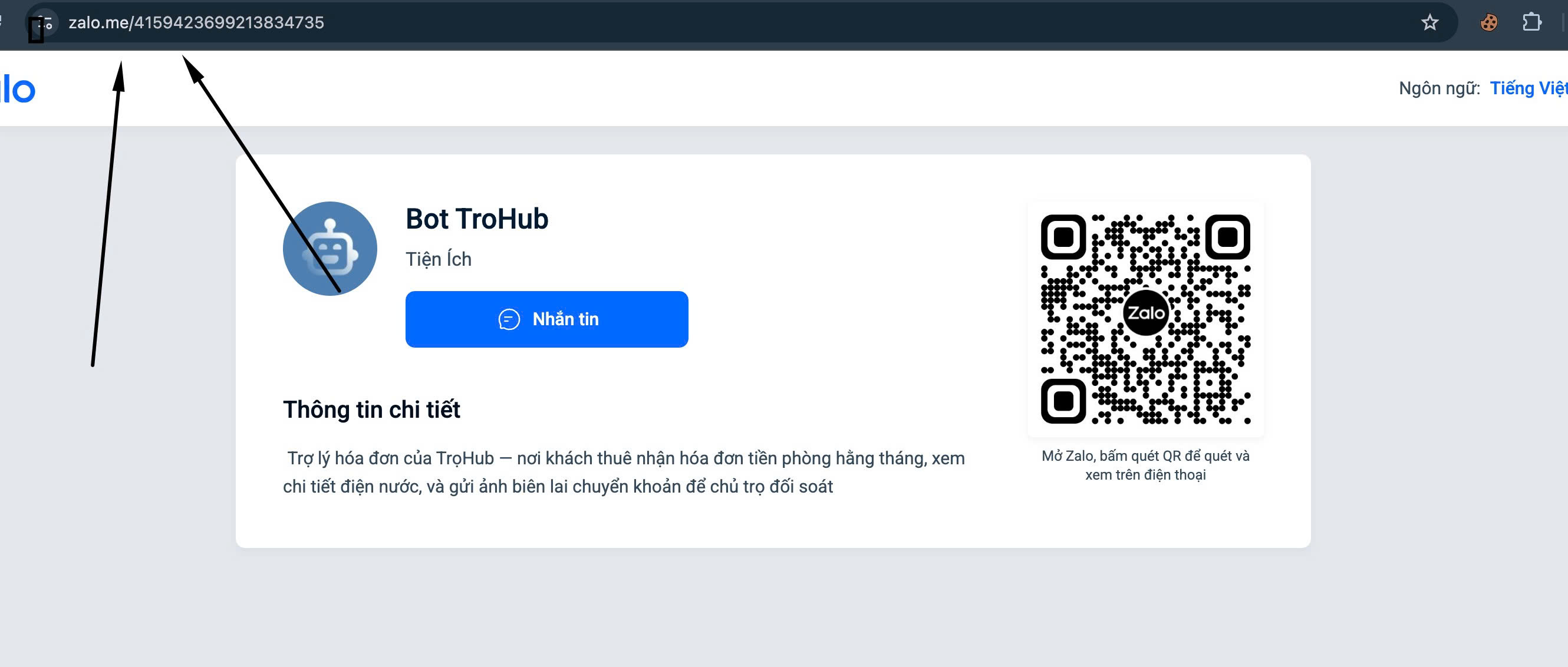 Kiểm tra Deeplink mở đúng trang Official Account của bot trên trình duyệt