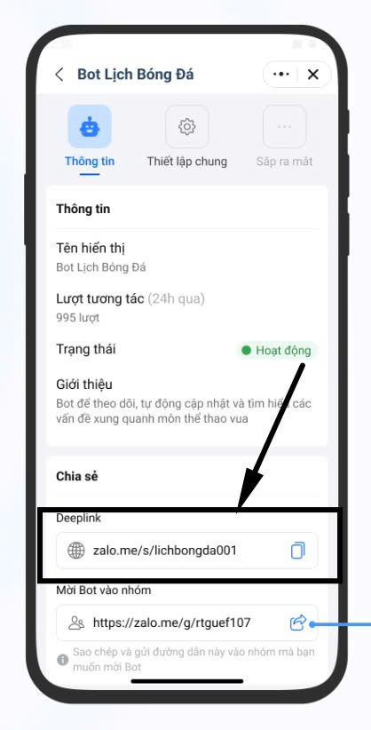 Lấy Deeplink và link Mời Bot vào nhóm trong trang Thông tin của Zalo Bot Creator