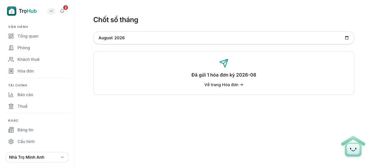Xác nhận đã sinh và gửi hóa đơn, quay lại trang Hóa đơn