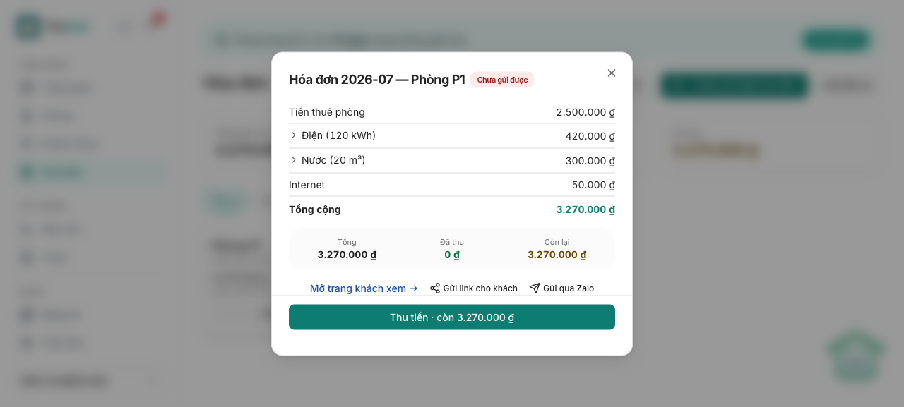 Chi tiết hóa đơn với các nút Mở trang khách xem, Gửi link cho khách, Gửi qua Zalo, Thu tiền