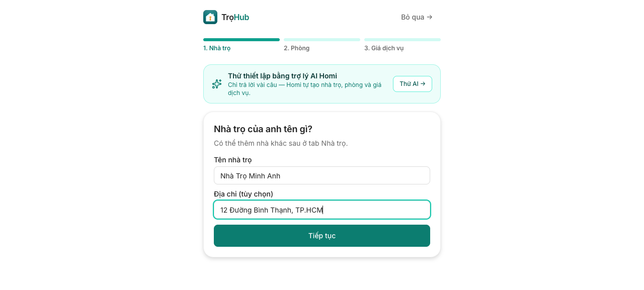 Nhập tên và địa chỉ nhà trọ ở bước đầu tiên của onboarding