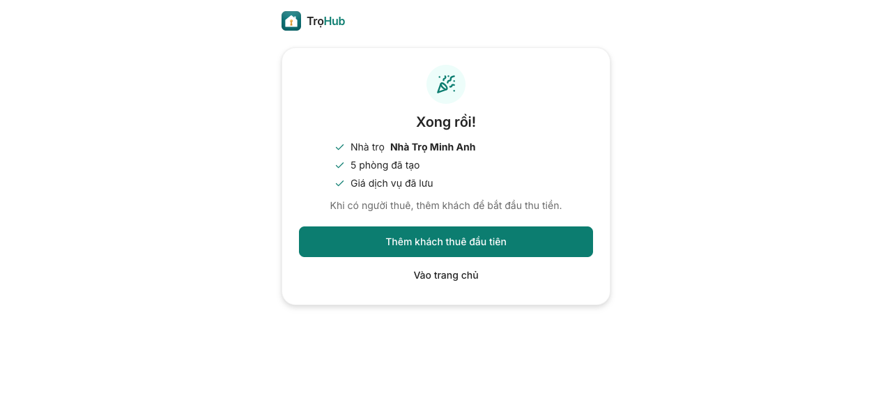 Hoàn tất onboarding: nhà trọ, 5 phòng và giá dịch vụ đã lưu