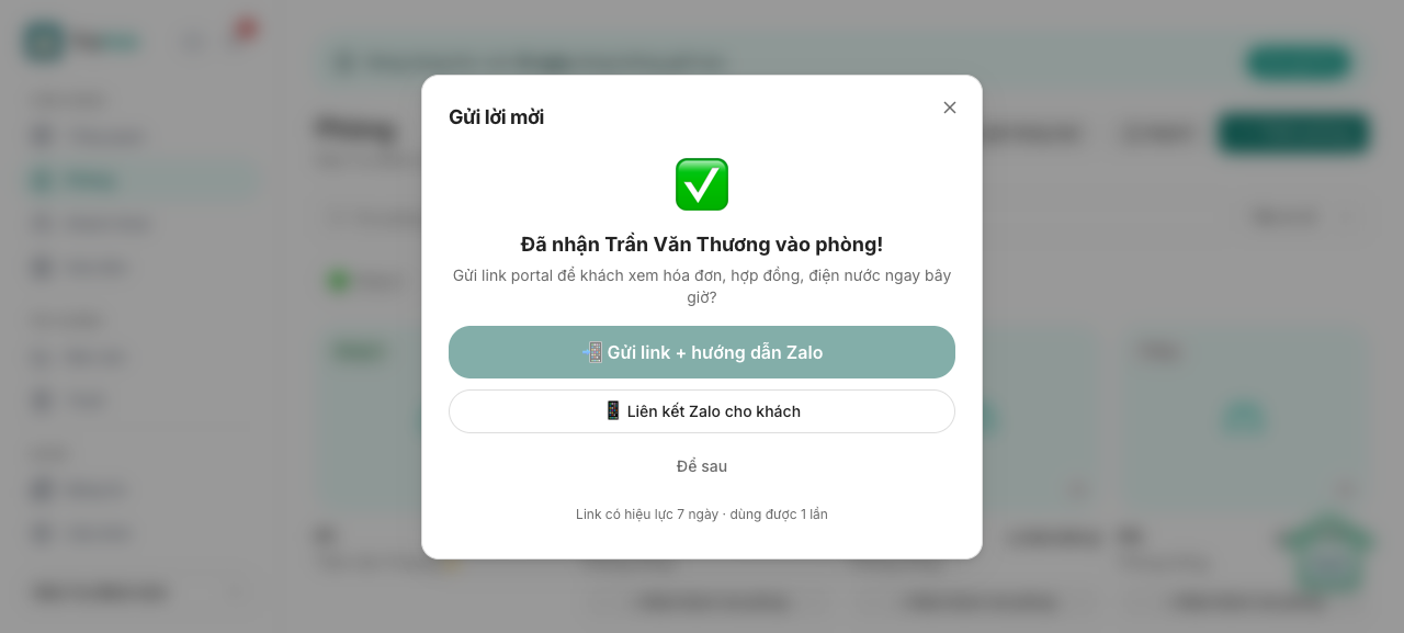 Modal gửi lời mời với nút Gửi link + hướng dẫn Zalo và Liên kết Zalo cho khách