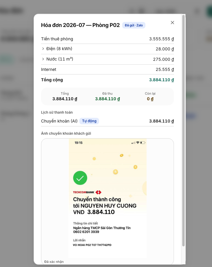 Chi tiết hóa đơn TrọHub hiển thị trạng thái đã thu đủ 3.884.110đ, còn lại 0đ, với badge Chuyển khoản (AI) Tự động và ảnh biên lai đính kèm