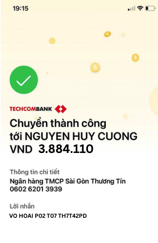 Ảnh biên lai chuyển khoản Techcombank do người thuê gửi qua Zalo, số tiền 3.884.110đ