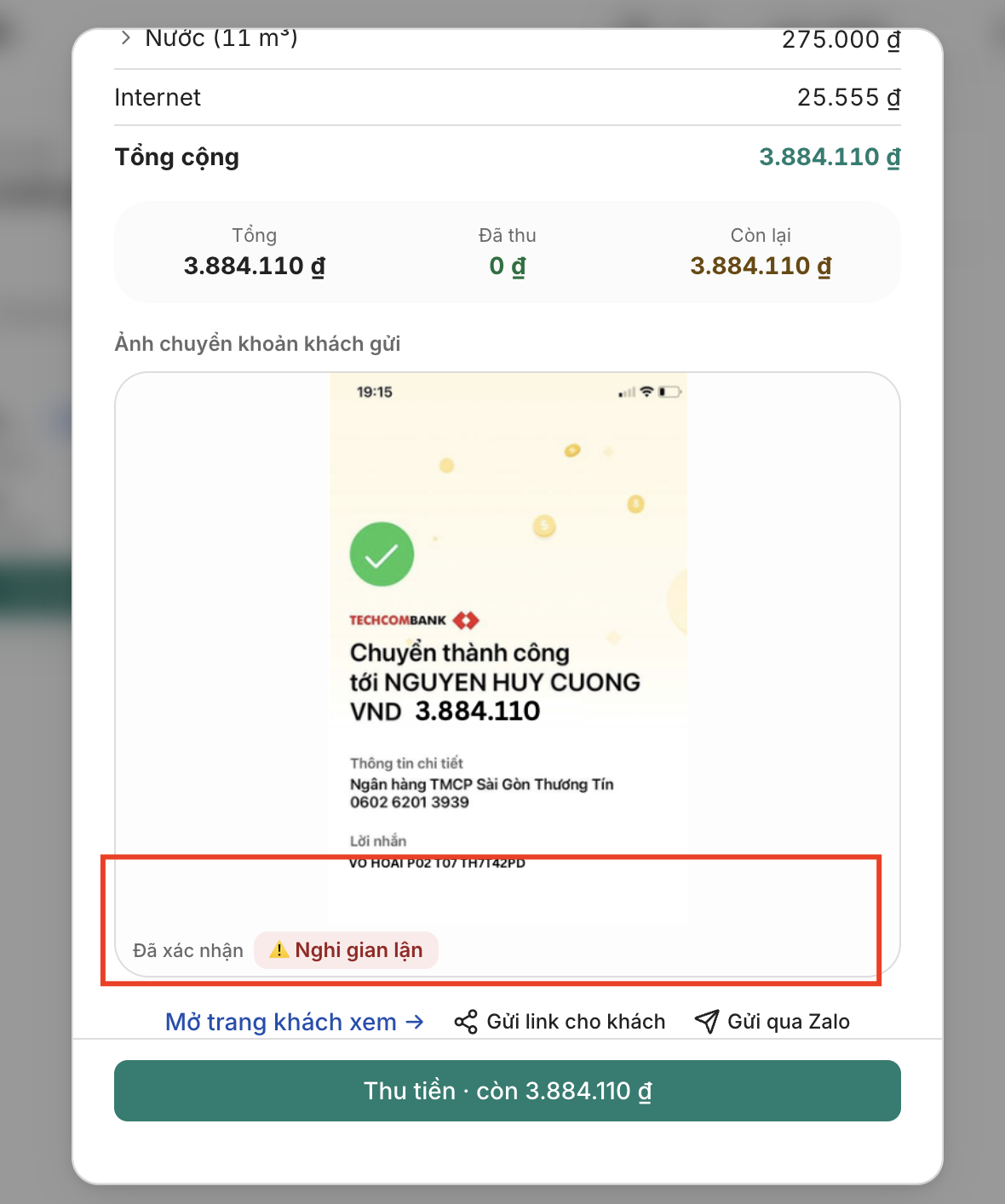 Chi tiết hóa đơn TrọHub với ảnh biên lai bị gắn nhãn cảnh báo Nghi gian lận, hóa đơn vẫn còn lại 3.884.110đ chưa thu, nút Thu tiền vẫn ở trạng thái chờ xác nhận thủ công